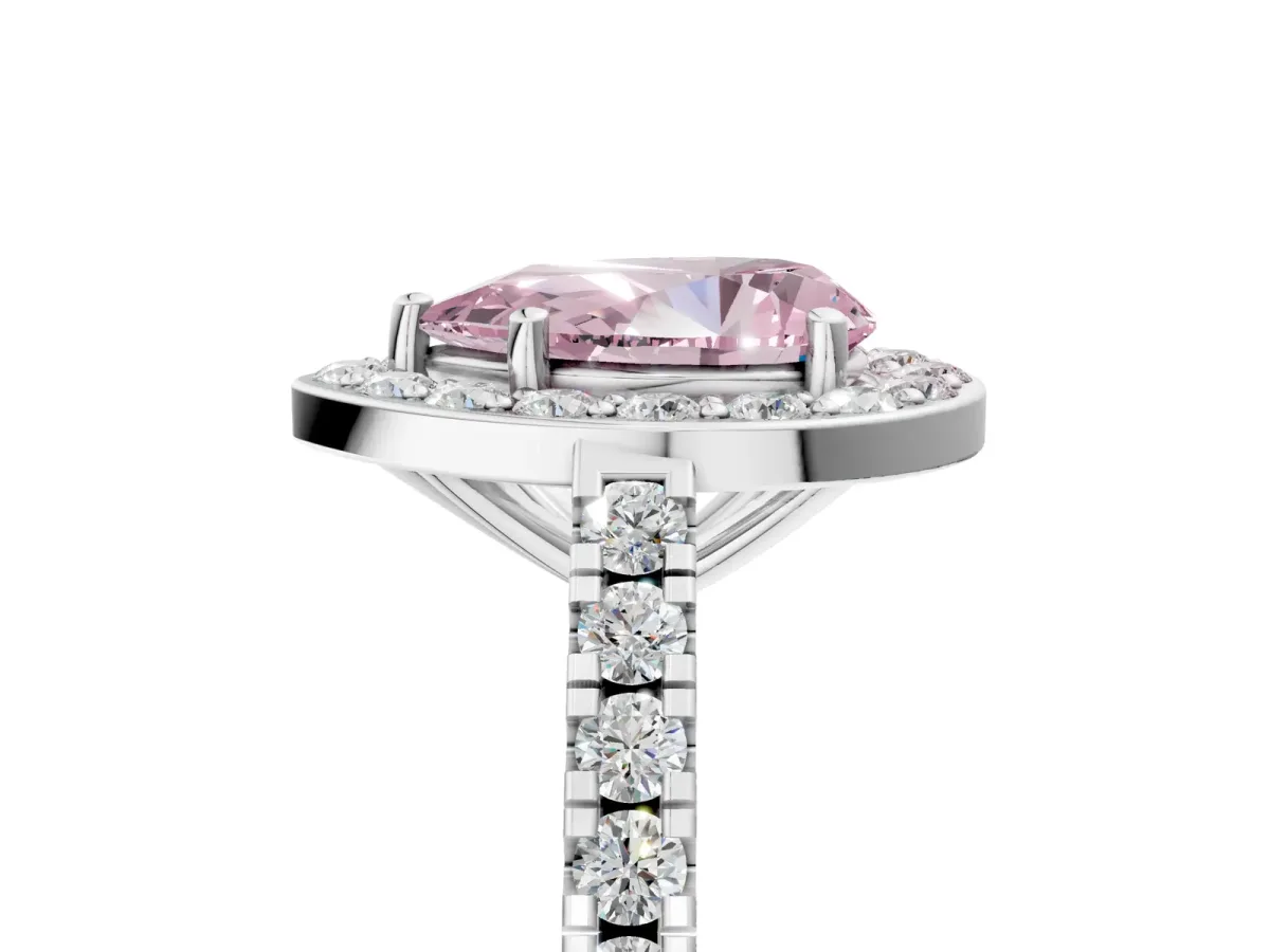 Fancy Pink Pear Cut Diamond Halo Ring with Round Pavé Split Shank and Prong Setting Platinum