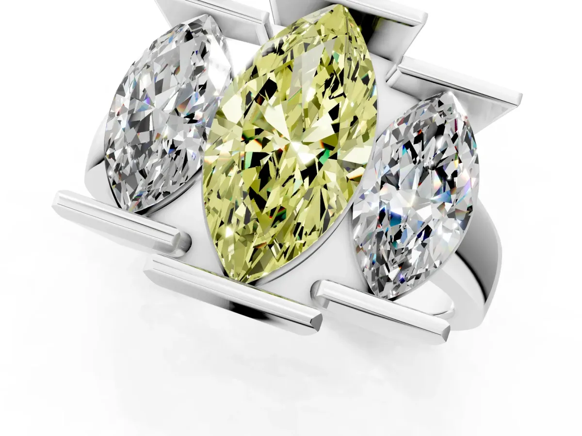 Fancy Yellow Three Stone Marquise Cut Cut Channel Set Diamond Ring Silver