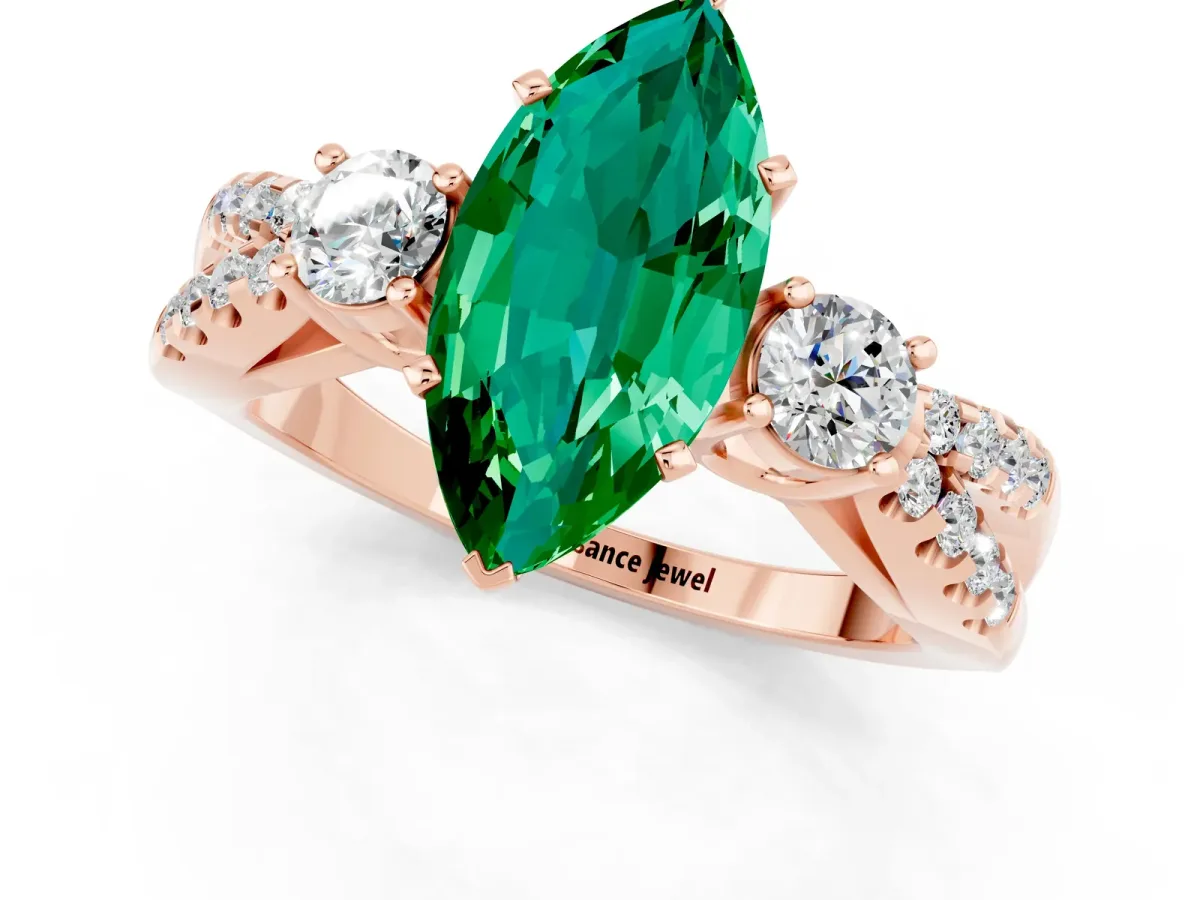 Marquise Cut Emerald Three-Stone Ring with Pavé Split Shank and Four-Prong Setting Rose gold