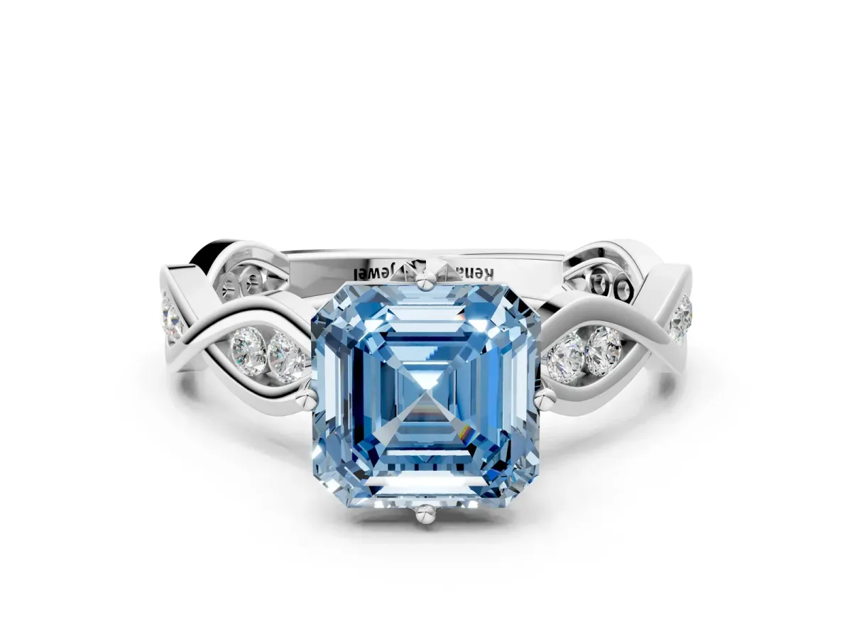 Fancy Blue Asscher Cut Solitaire Twist Band with Leaf Prong Setting Platinum