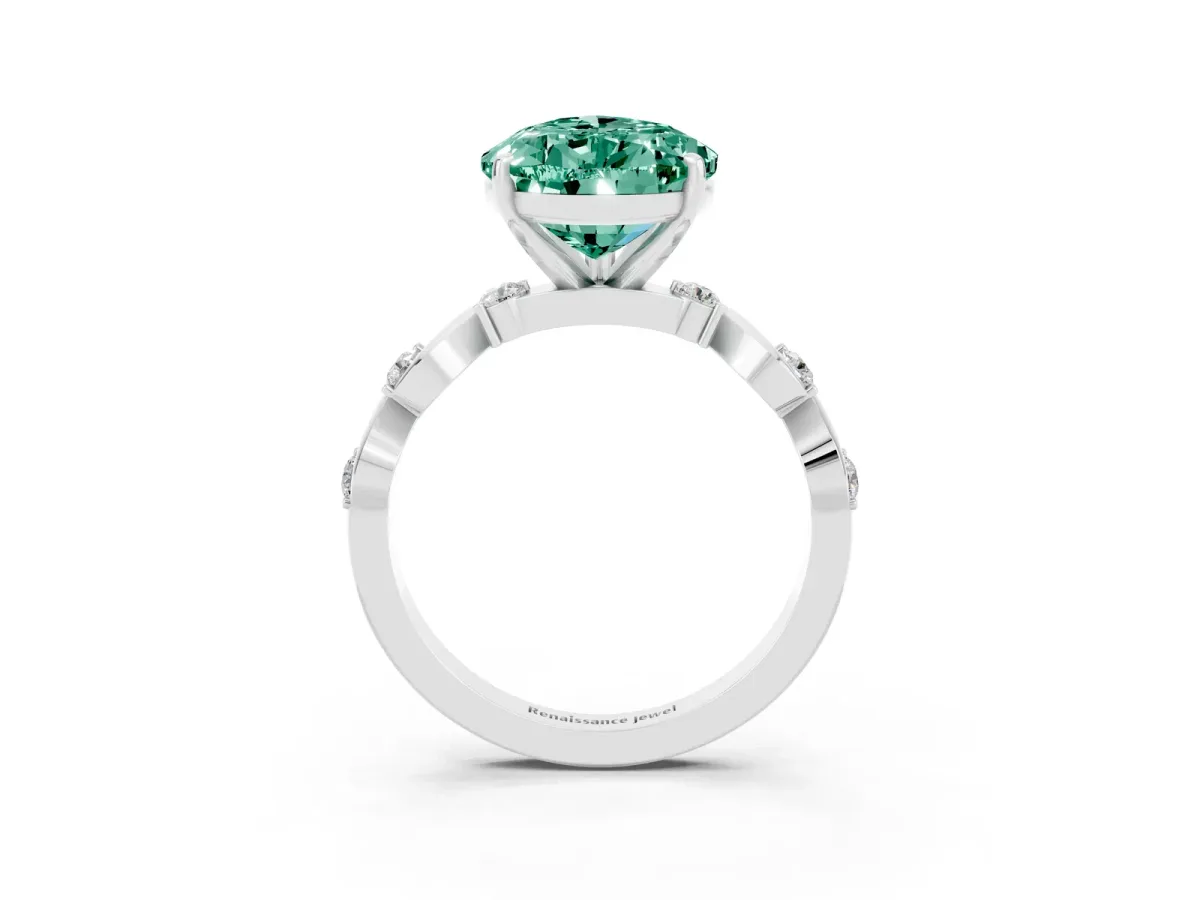Pear Cut Green Sapphire Solitaire Twisted Band with Round Accents and Prong Setting White gold