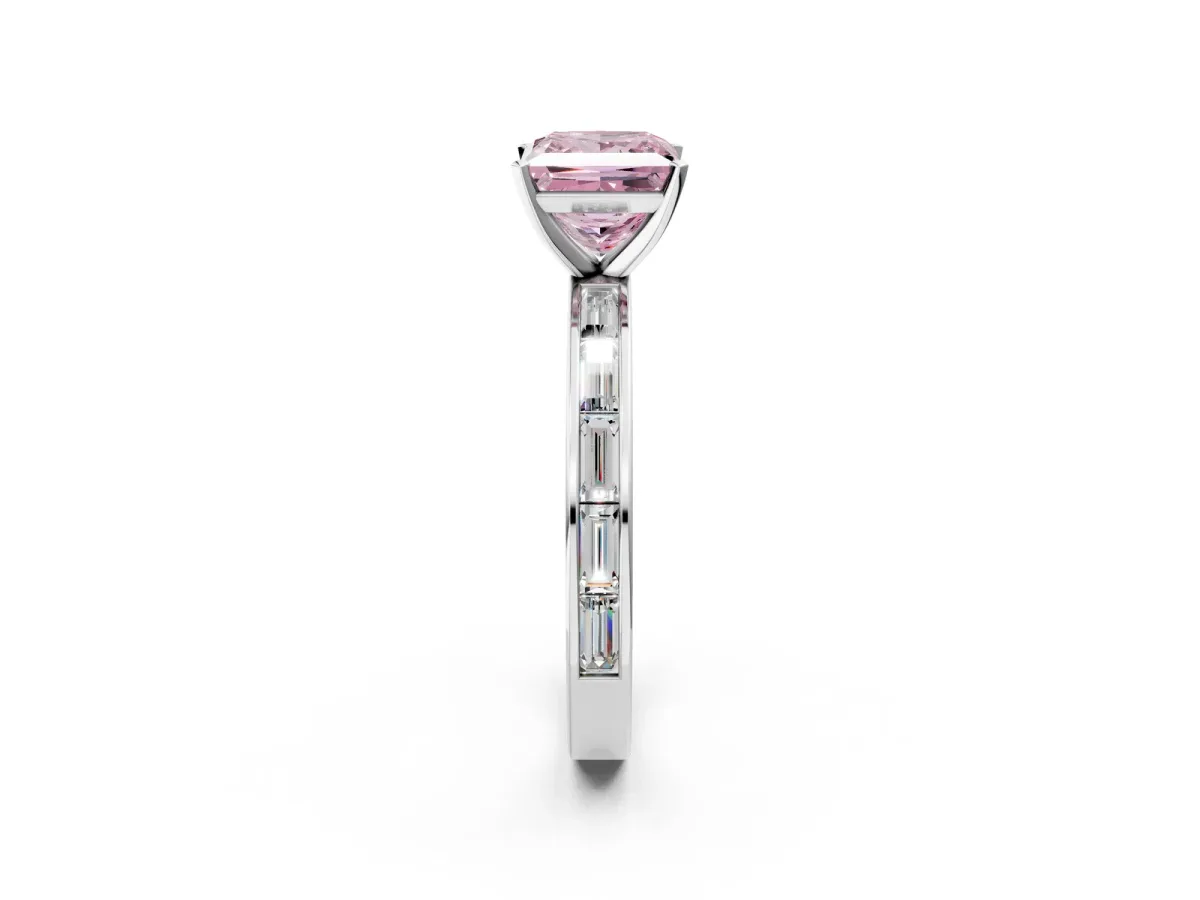 Fancy Pink Princess Cut Solitaire Diamond Ring with Channel-Set Baguette Band and Four-Prong Setting White gold