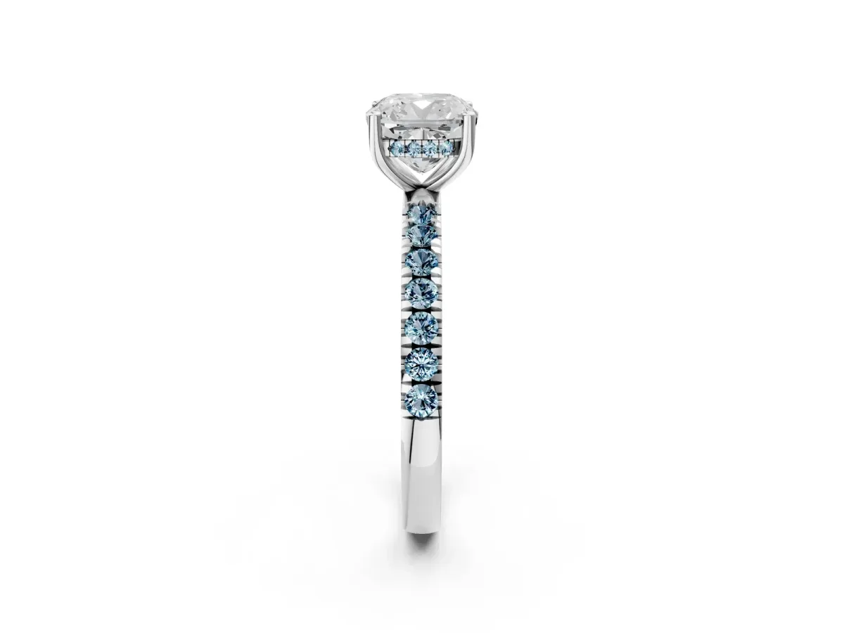 Cushion Cut Diamond Pave Band Solitaire Ring with Round Aquamarine and Prong Setting White gold