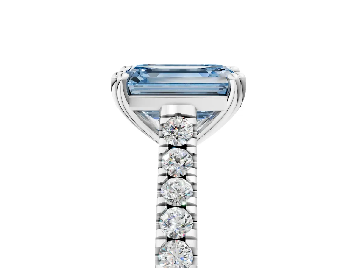 Fancy Blue Emerald Cut Solitaire Pave Diamond Engagement Ring with Prong Setting White gold