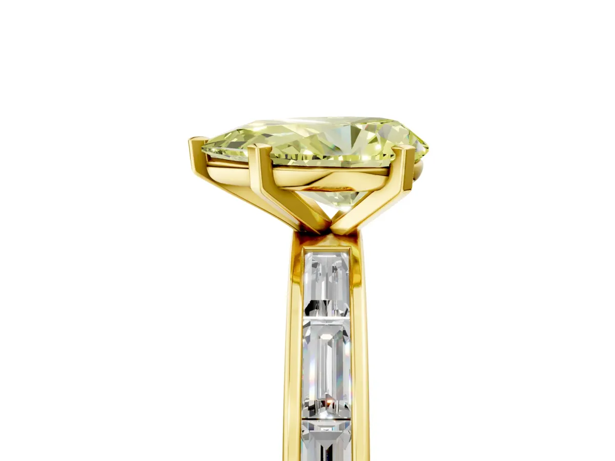 Fancy Yellow Pear Cut Solitaire Diamond Ring with Channel-Set Baguette Band and Four-Prong Setting Yellow gold