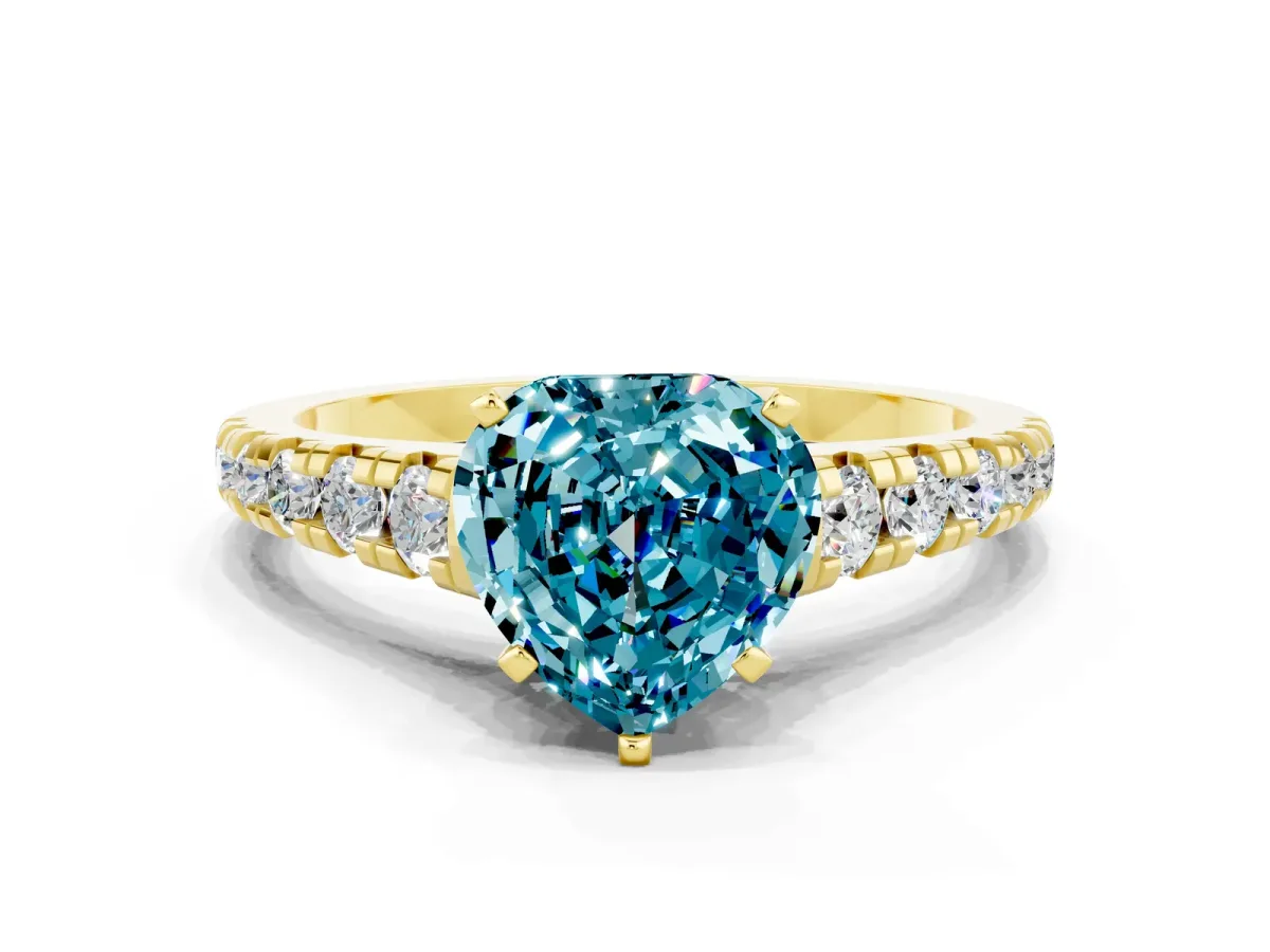Heart Cut Blue Topaz Cathedral Solitaire Ring with Round Pavé Band Yellow gold