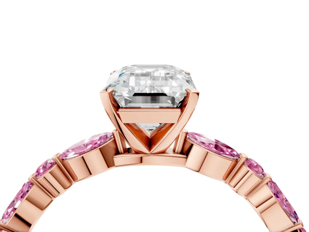 Emerald Cut Diamond Ring with Marquise and Round Pink Sapphire Side Stones and Four-Prong Setting Rose gold