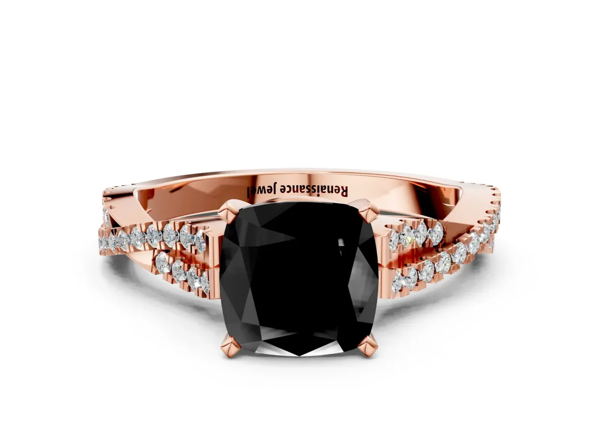 Fancy Black Cushion Cut Diamond Solitaire Engagement Ring with Twisted Pavé Band and Four-Prong Setting Rose gold