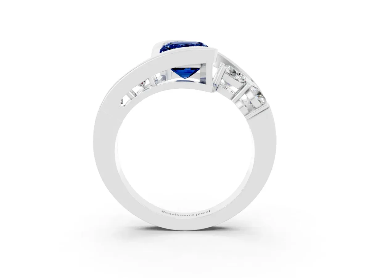 Bezel Set Emerald Cut Blue Sapphire Bypass Ring with Round Accents Silver