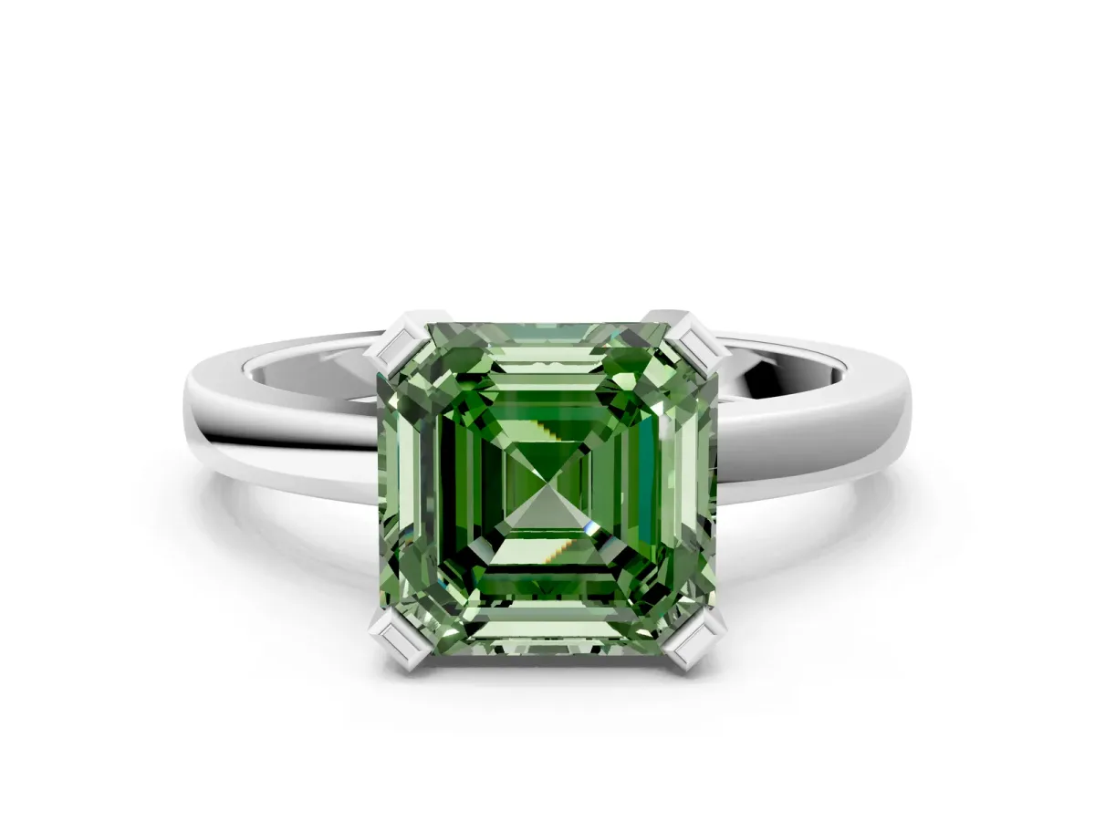 Fancy Green Asscher Cut Cut Solitaire Ring with Four-Prong Setting and Classic Band Platinum