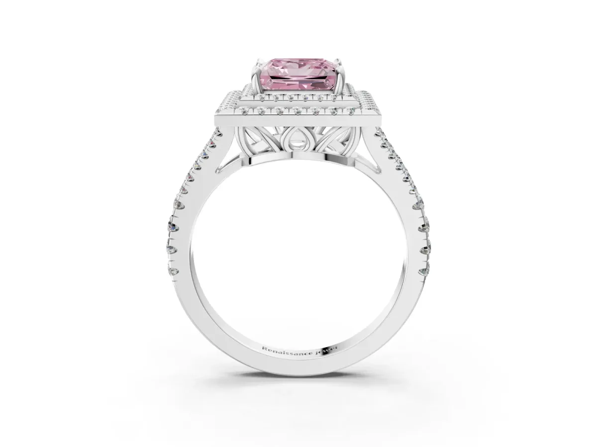 Fancy Pink Princess Cut Diamond Double Halo Ring with Pavé Band and Prong Setting White gold