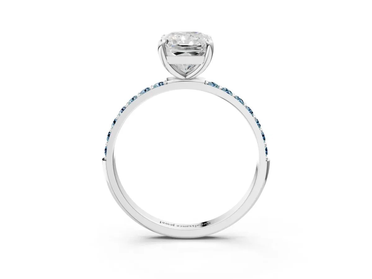 Radiant Cut Diamond Solitaire Ring with Round Aquamarine Pavé Band and Prong Setting White gold