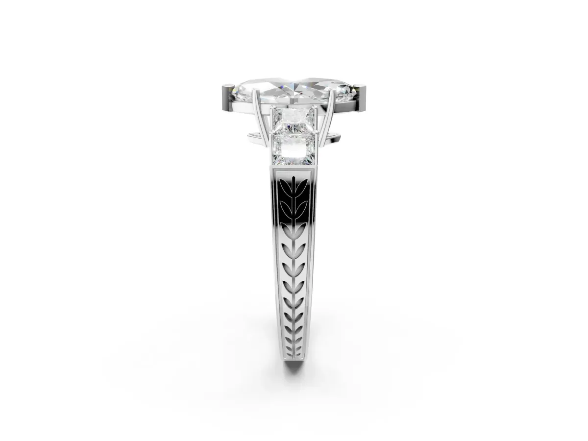 Marquise Cut Solitaire Princess Side Stone Engraved Band Prong Setting Ring Platinum