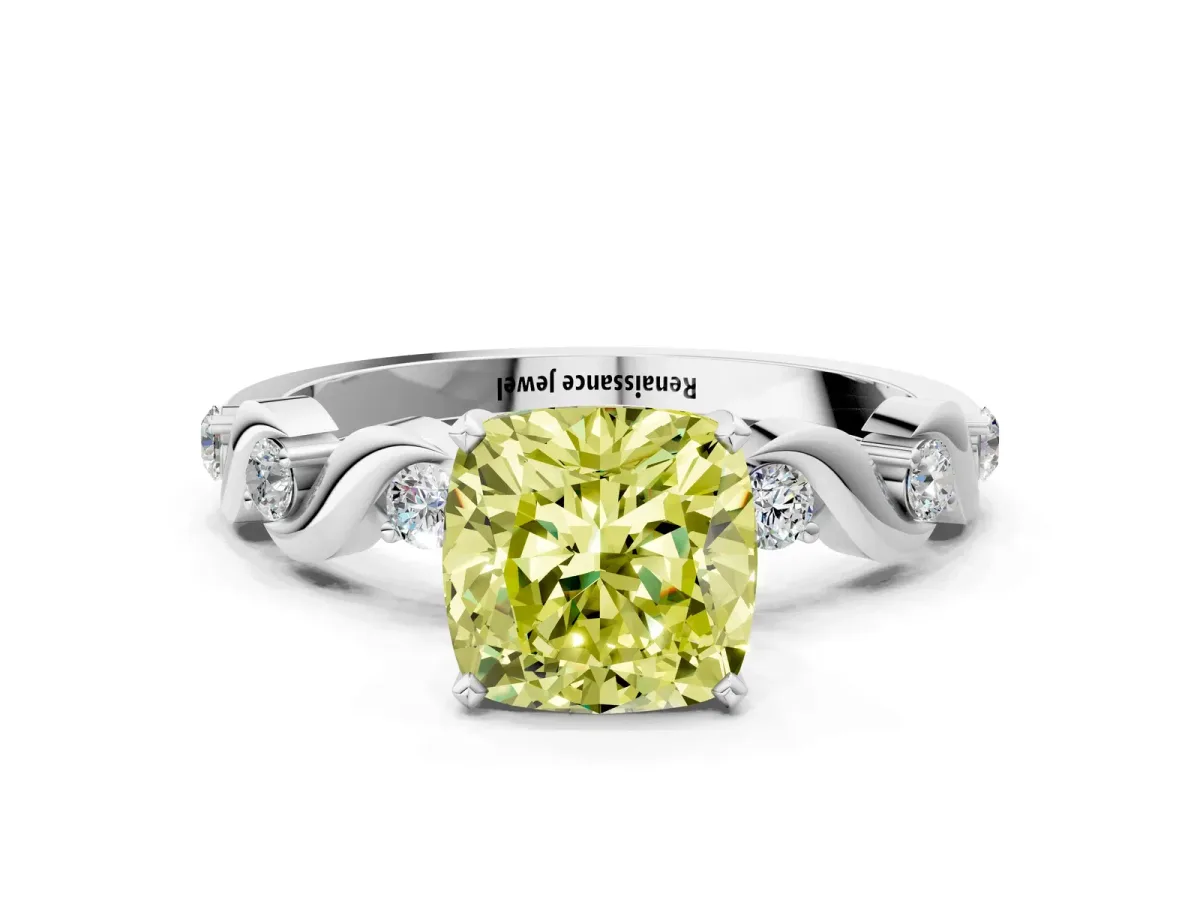 Fancy Yellow Cushion Cut Diamond Solitaire Twisted Band with Round Accents and Prong Setting White gold