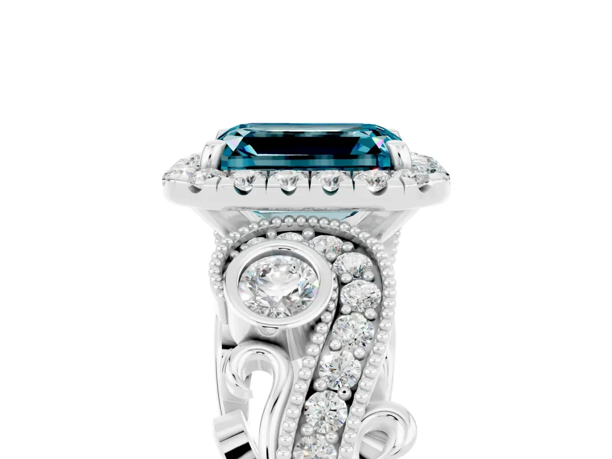 Emerald Cut Blue Topaz Halo Ring with Milgrain Pavé Band and Four-Prong Setting White gold