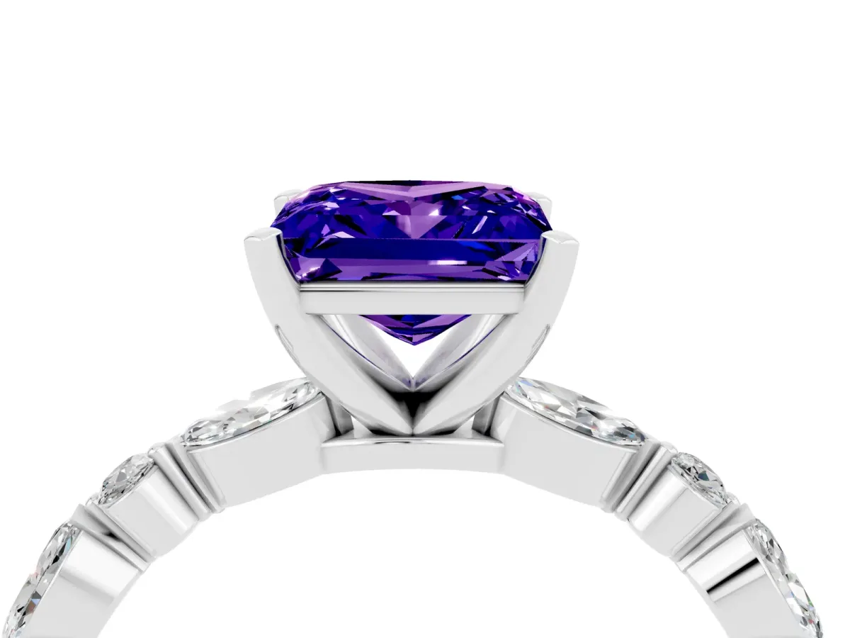Princess Cut Tanzanite Ring with Marquise and Round Side Stones and Four-Prong Setting White gold