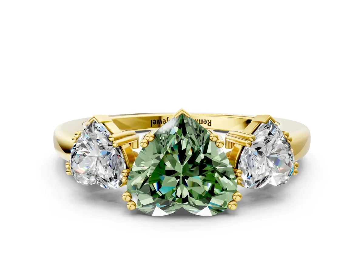 Fancy Green Three-Stone Heart Cut Cut Diamond Ring with Channel Set Band and Four-Prong Setting Yellow gold