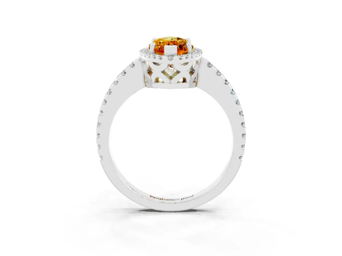 Marquise Cut Citrine Halo Engagement Ring with Pavé Band and Prong Setting White gold