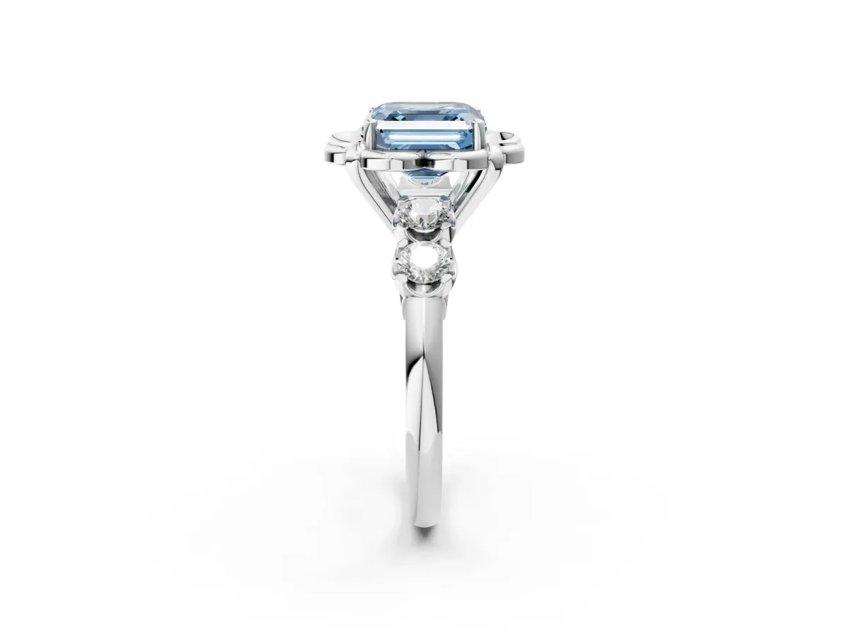 Fancy Blue Asscher Cut Cut Diamond Floral Halo Engagement Ring with Shared Prong Setting Platinum