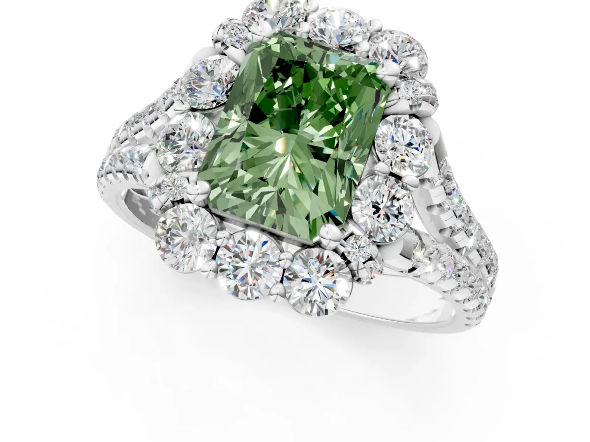 Fancy Green Radiant Cut Halo Split Shank Diamond Engagement Ring with Pave Band and Four-Prong Setting Platinum