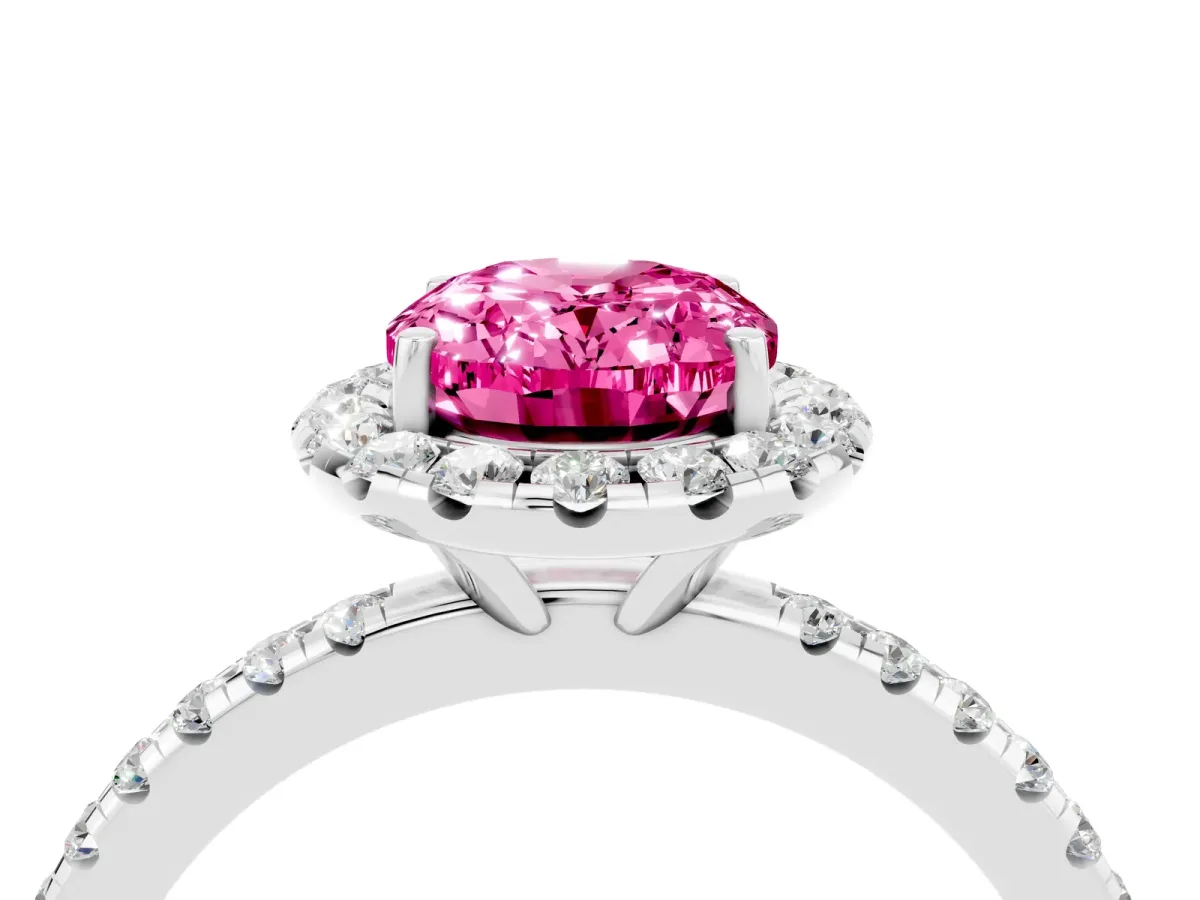 Oval Cut Pink Sapphire Halo Ring with Round Pavé Band and Prong Setting White gold