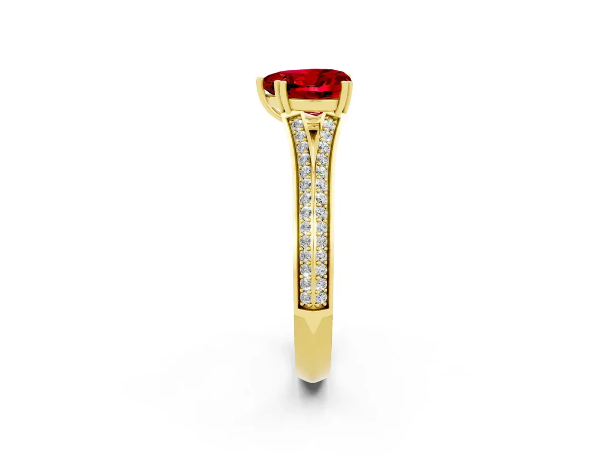 Heart Cut Ruby Split Shank Engagement Ring with Pavé Band Yellow gold