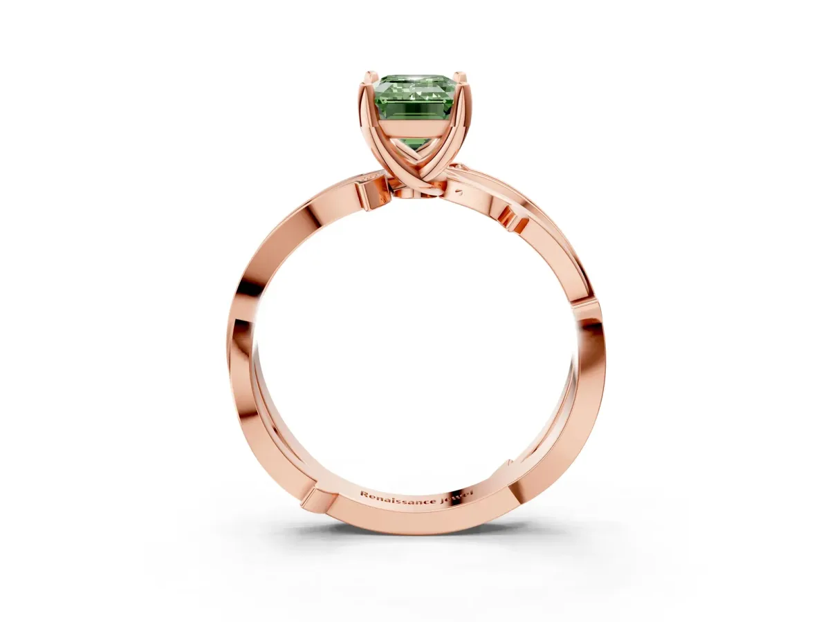 Fancy Green Emerald Cut Solitaire Twist Band with Pavé Accents and Four-Prong Setting Rose gold