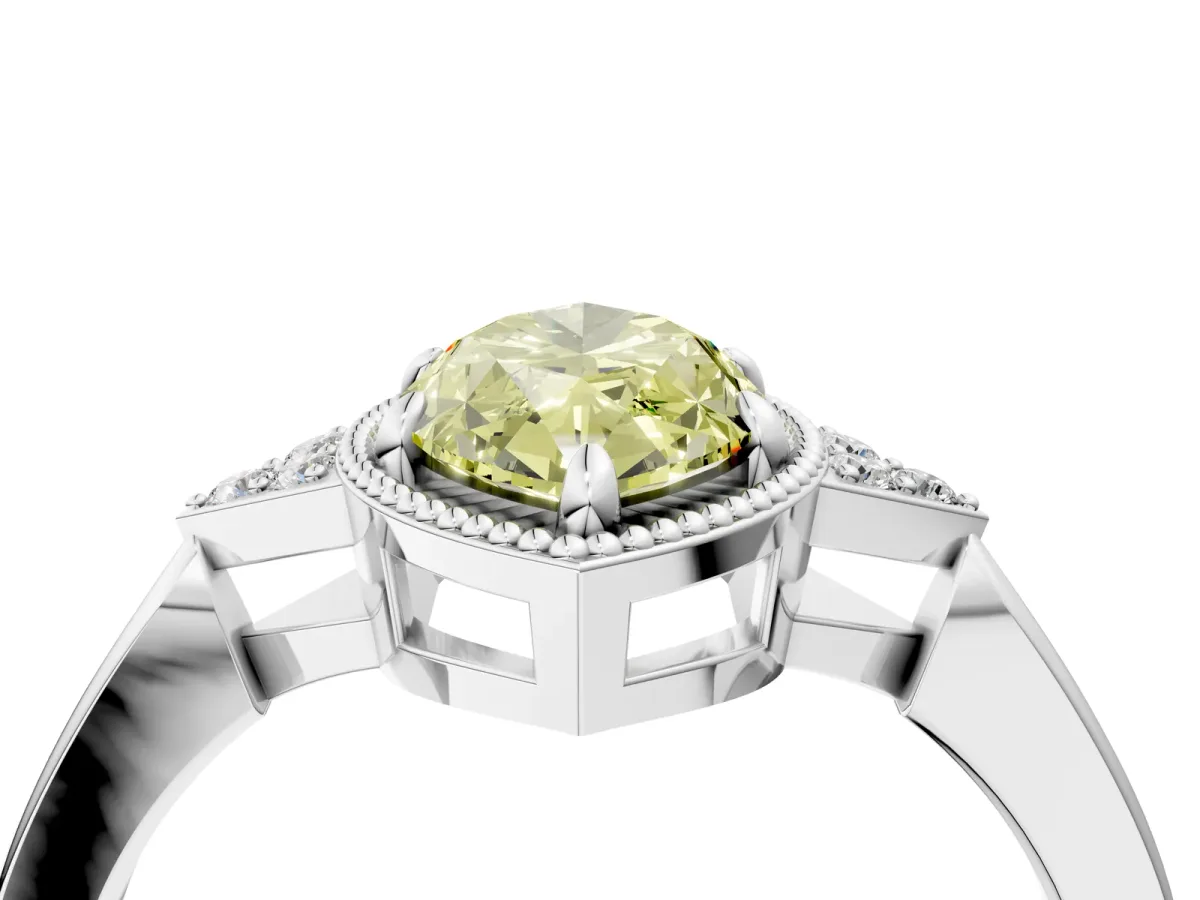Fancy Yellow Milgrain Marquise Cut Cut Diamond Ring with Tapered Pave Band and Four Prong Setting Platinum