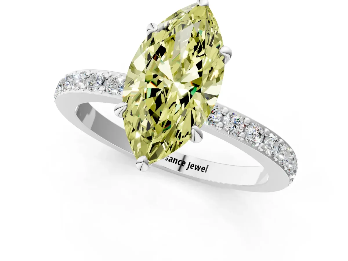 Fancy Yellow Marquise Cut Diamond Solitaire Engagement Ring with Pavé Band and Four-Prong Setting White gold