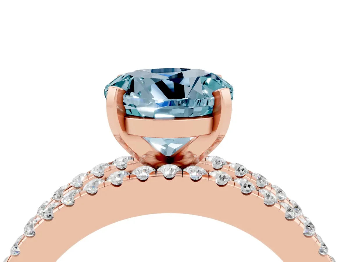 Round Cut Aquamarine Solitaire Ring with Pavé and Channel Set Band Rose gold