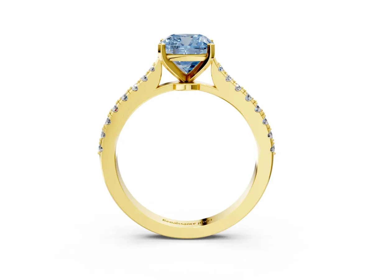 Fancy Blue Cushion Cut Cut Solitaire Diamond Engagement Ring with Pave Band and Four-Prong Setting Yellow gold