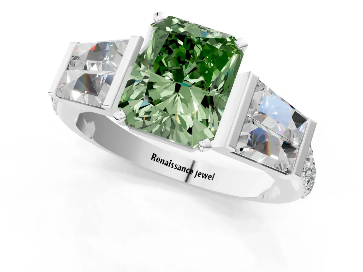 Fancy Green Radiant Cut Diamond Engagement Ring with Baguette Side Stones and Channel Set Band Platinum