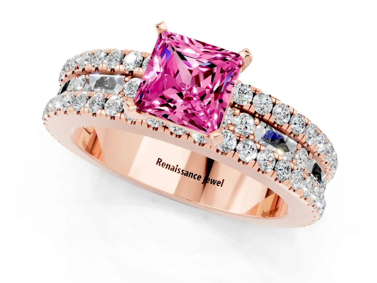 Princess Cut Pink Sapphire Solitaire Ring with Pavé and Channel Set Band Rose gold