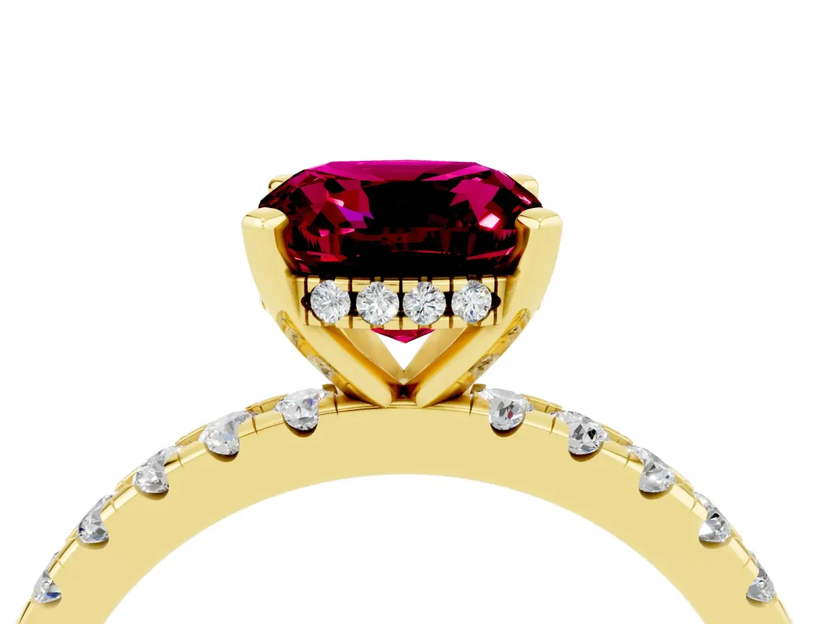 Cushion Cut Garnet Solitaire Ring with Round Pavé Band and Four-Prong Setting Yellow gold