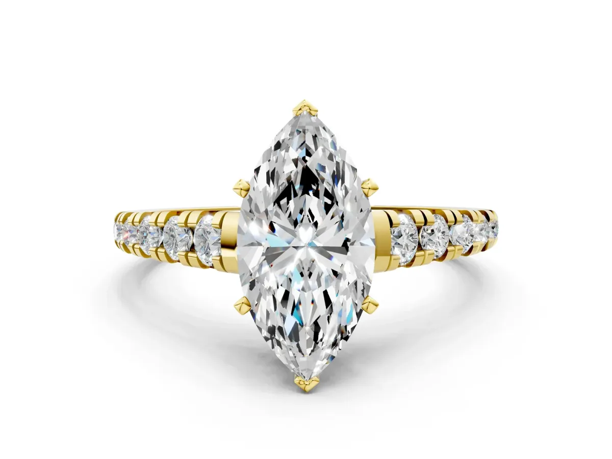 Marquise Cut Diamond Cathedral Solitaire Ring with Round Moissanite Pavé Band Yellow gold