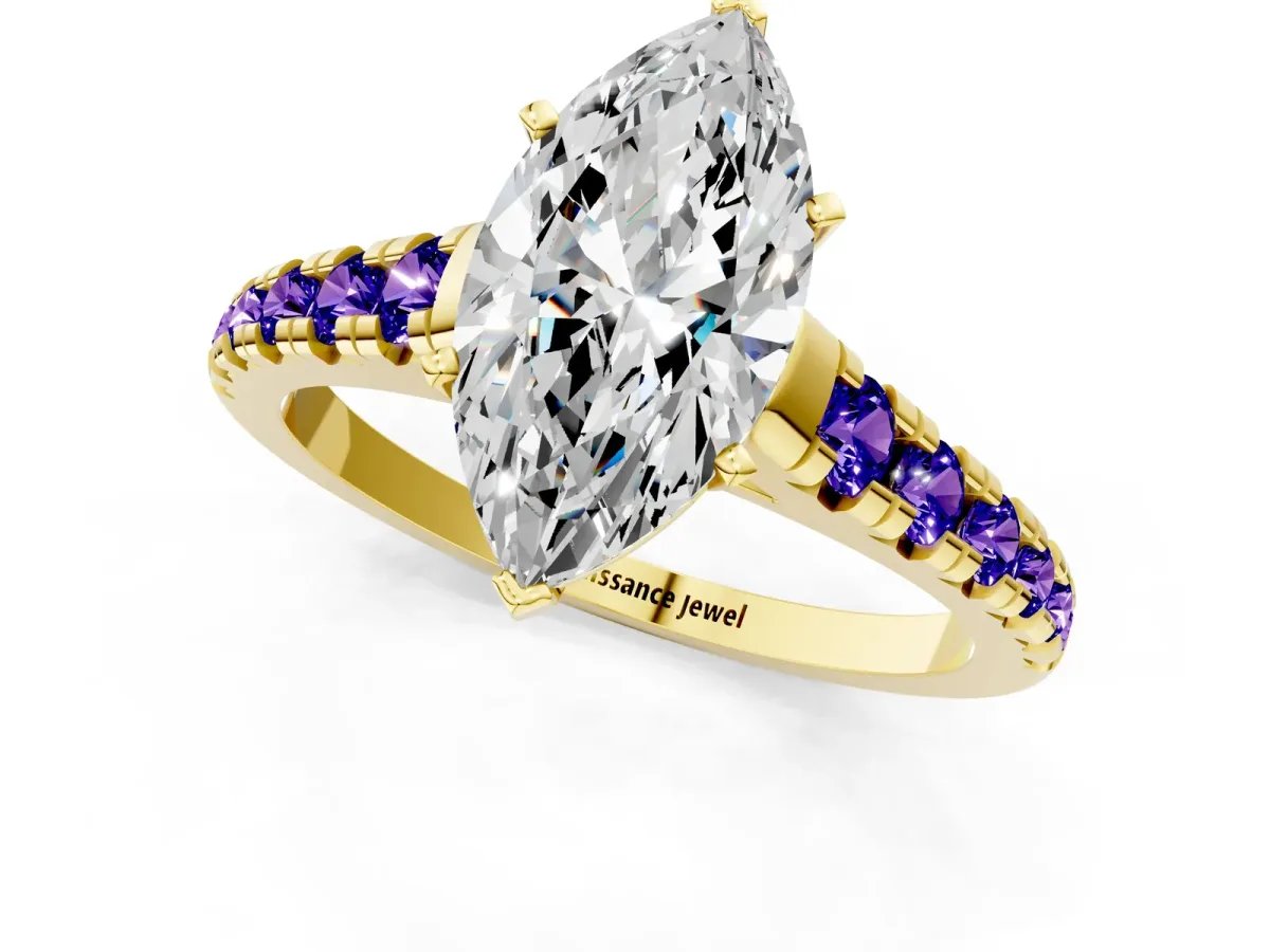 Marquise Cut Diamond Cathedral Solitaire Ring with Round Tanzanite Pavé Band Yellow gold