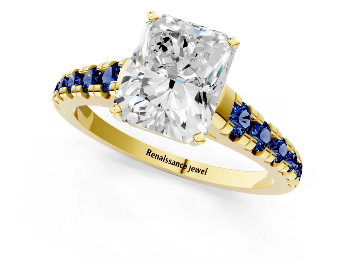 Radiant Cut Diamond Cathedral Solitaire Ring with Round Blue Sapphire Pavé Band Yellow gold