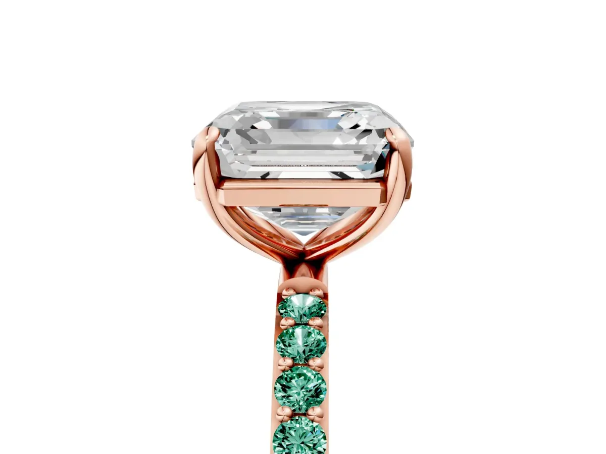Asscher Cut Diamond Solitaire Ring with Round Green Sapphire Pavé Band and Prong Setting Rose gold