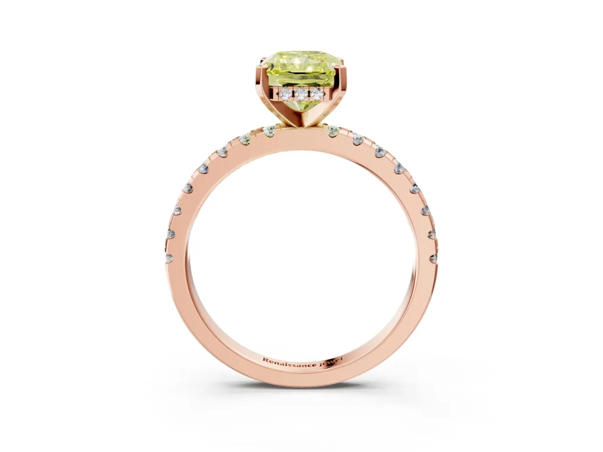 Fancy Yellow Radiant Cut Diamond Solitaire Ring with Round Pavé Band and Four-Prong Setting Rose gold