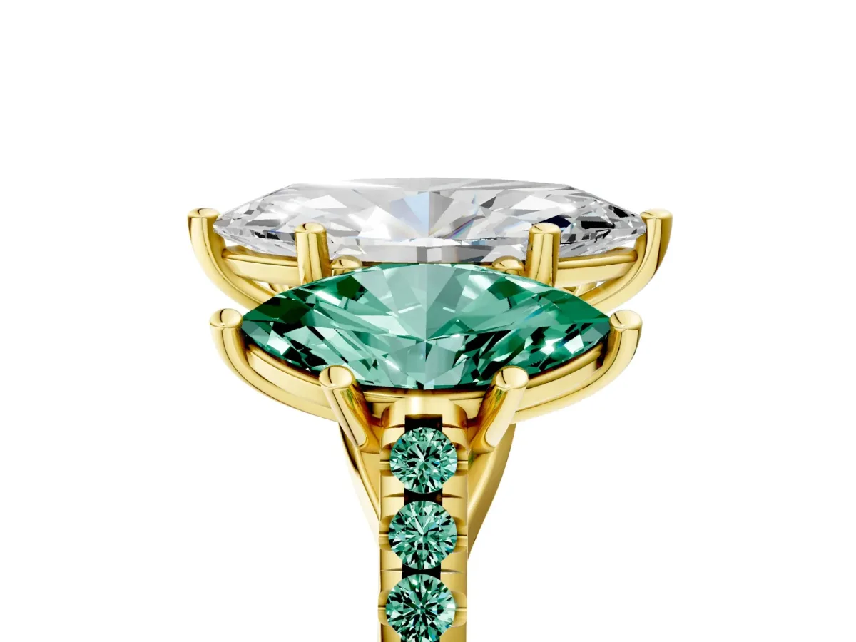 Three-Stone Marquise Cut Diamond Ring with Round Green Sapphire Pavé Band and Prong Setting Yellow gold