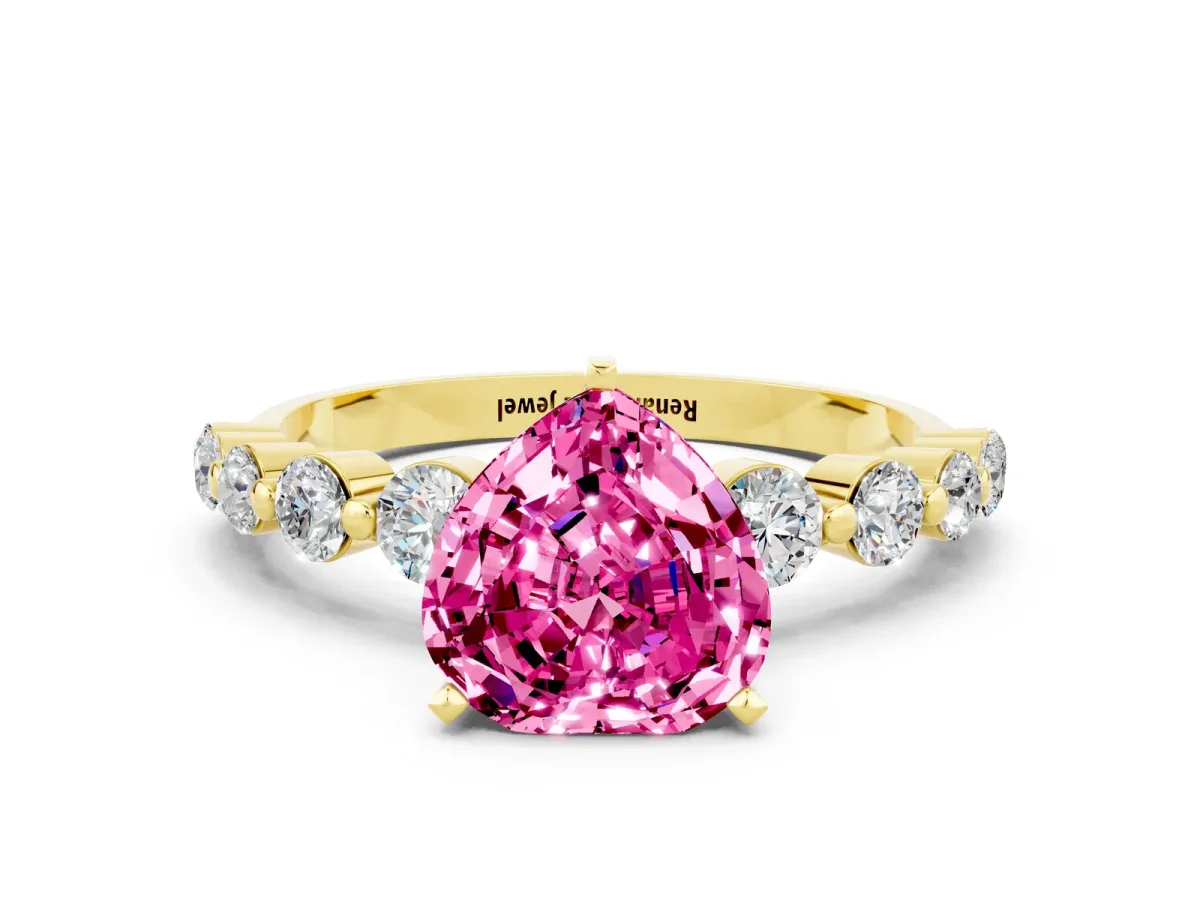Heart Cut Solitaire Pink Sapphire Ring with Pave Band and Four-Prong Setting Yellow gold