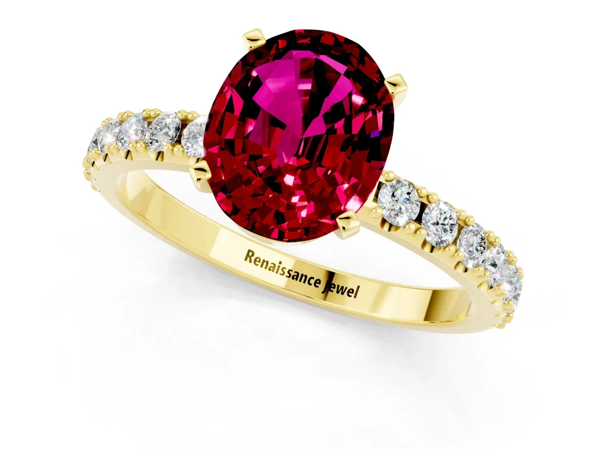 Oval Cut Garnet Solitaire Pavé Band with Four-Prong Setting Yellow gold