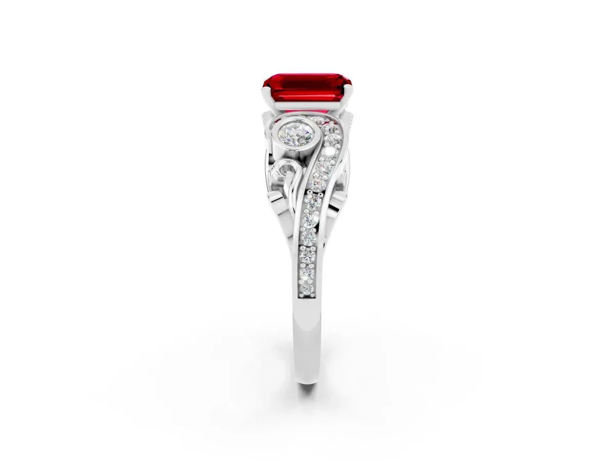 Emerald Cut Ruby Solitaire Ring with Milgrain Pavé Band and Four-Prong Setting Platinum