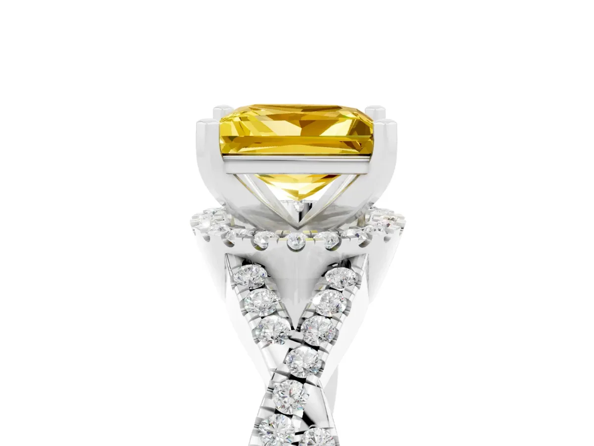 Princess Cut Yellow Sapphire Halo Twist Band Solitaire Prong Setting Ring White gold