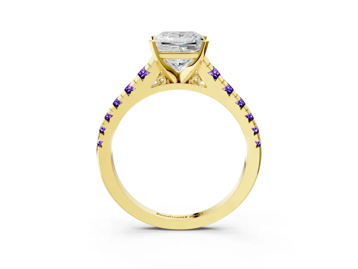 Princess Cut Diamond Cathedral Solitaire Ring with Round Tanzanite Pavé Band Yellow gold