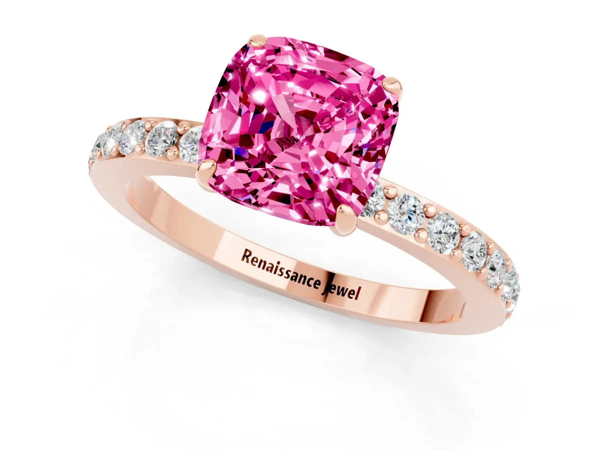 Cushion Cut Pink Sapphire Solitaire Engagement Ring with Pavé Band and Four-Prong Setting Rose gold