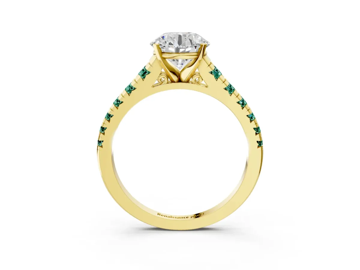 Round Cut Diamond Cathedral Solitaire Ring with Round Green Sapphire Pavé Band Yellow gold