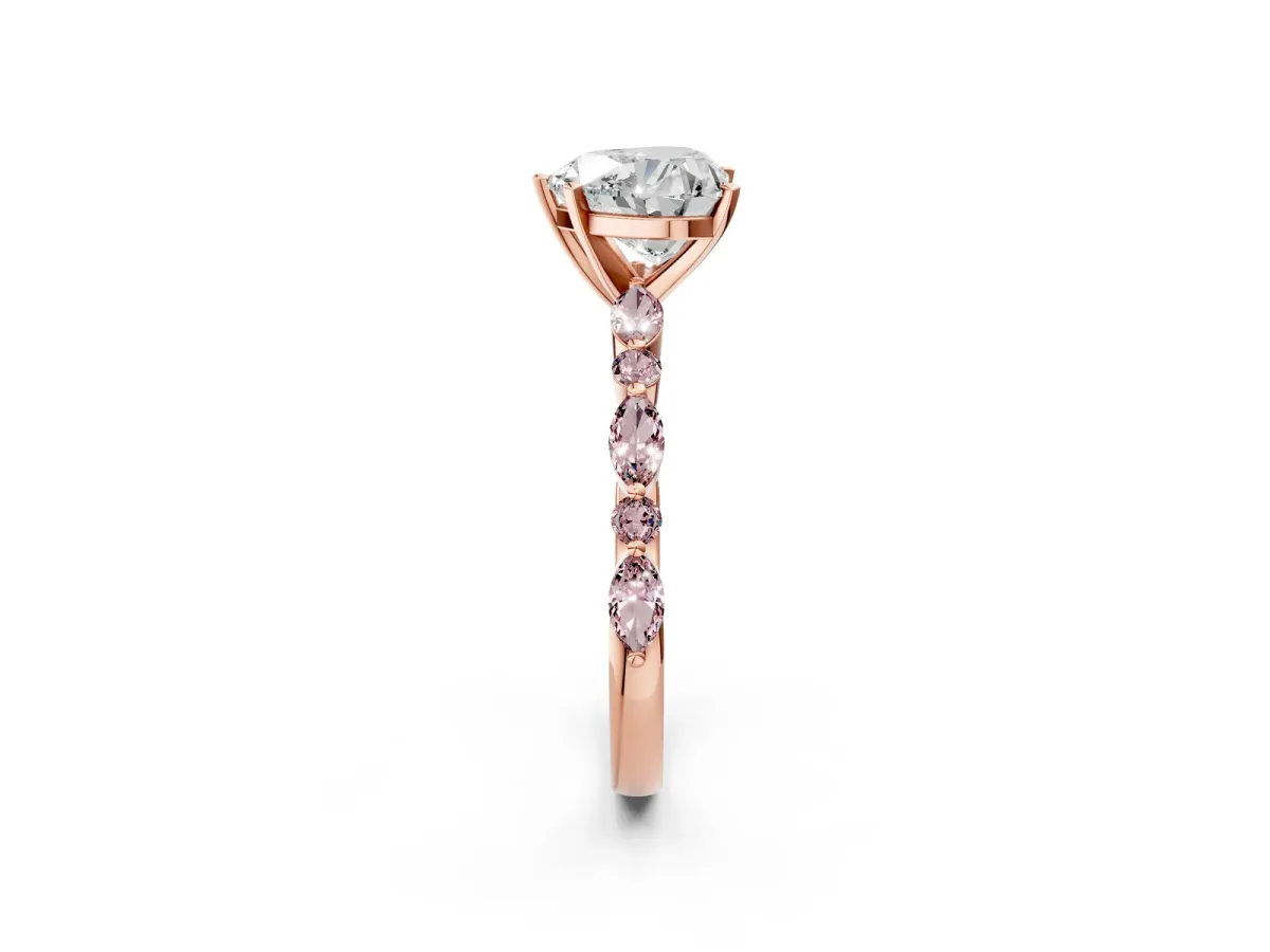Heart Cut Diamond Ring with Marquise and Round Morganite Side Stones and Four-Prong Setting Rose gold