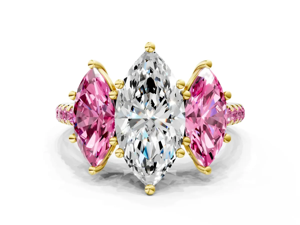 Three-Stone Marquise Cut Diamond Ring with Round Pink Sapphire Pavé Band and Prong Setting Yellow gold