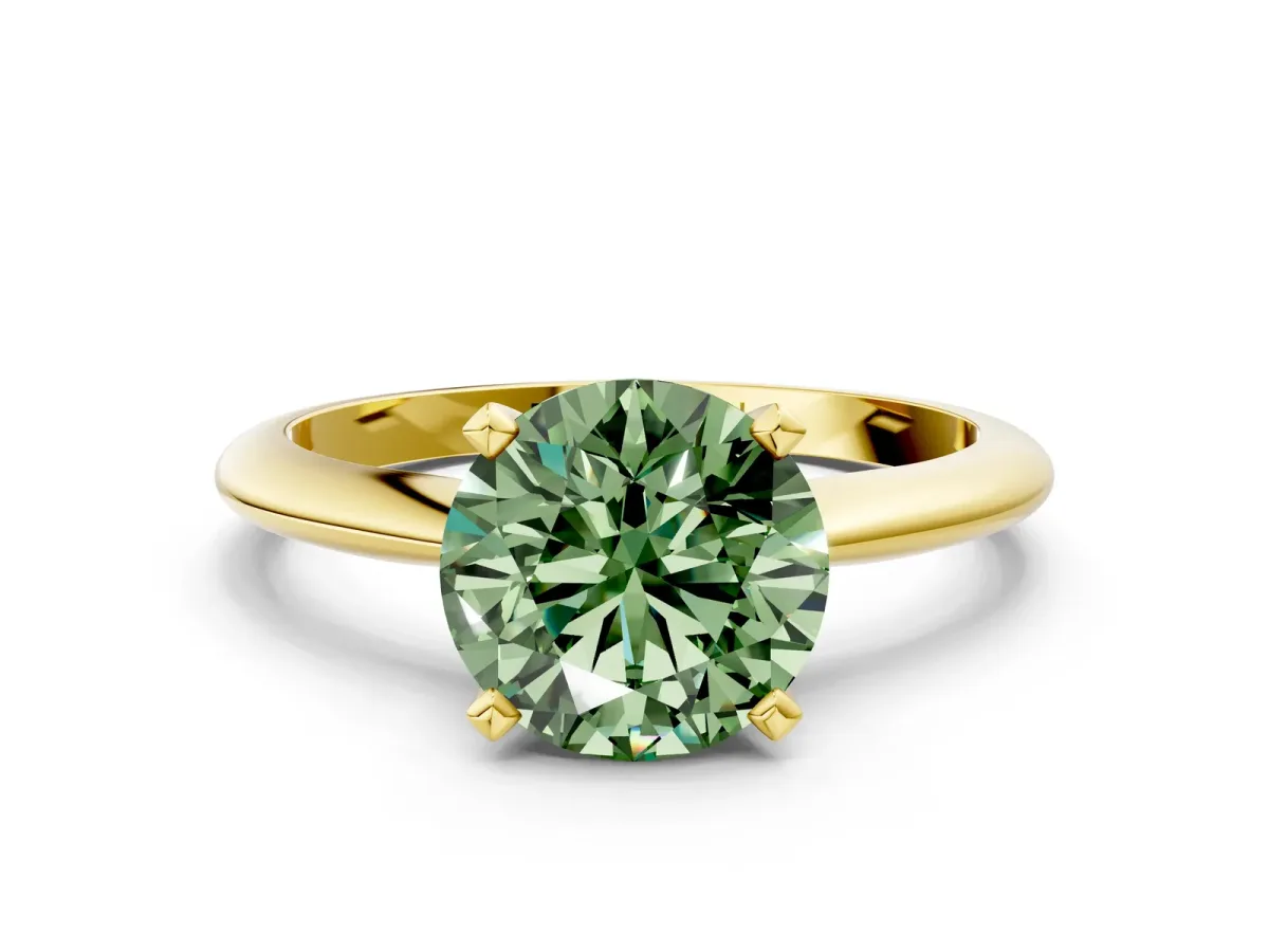 Fancy Green Round Cut Diamond Solitaire Engagement Ring with Classic Band and Four-Prong Setting Yellow gold